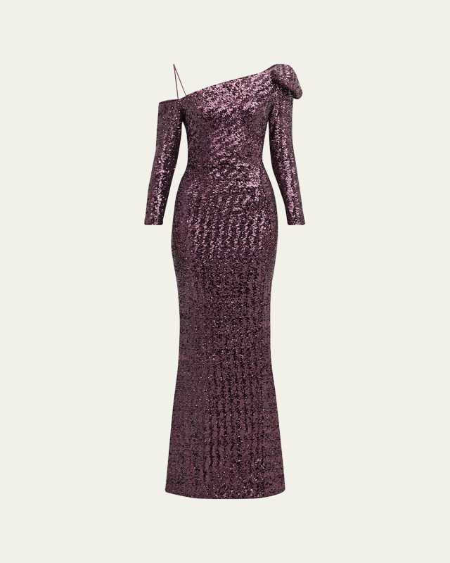 One-Shoulder Sequin Column Gown